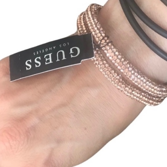 NEW GUESS PINK ROSE GOLD WRAPPED COIL RHINESTONE+SILVER TONE TIPS CUFF BRACELET - Picture 3 of 4